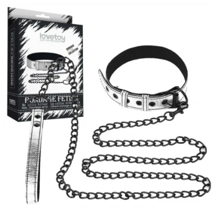 LOVETOY Bondage Fetish Metallic Pup Collar With Leash