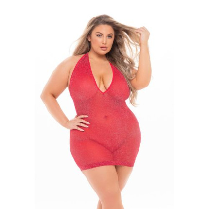 LOVE BITE PLUNGE HALTER DRESS RED, PLUS SIZE