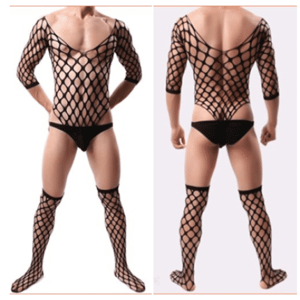 BLACK ELASTIC FISHNET ONE-PIECE SUIT WITH STOCKINGS