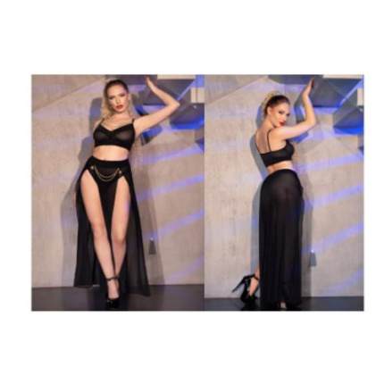 CHILIROSE Top, Skirt and String with Gold Chains  (3 pieces) BLACK