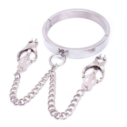 Female Chrome Slave Collar With Japanese Clover Clamps
