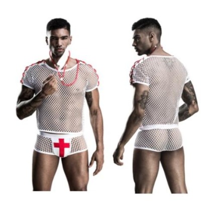 White Fishnet T-Shirt Panty Set Male Nurse Costume